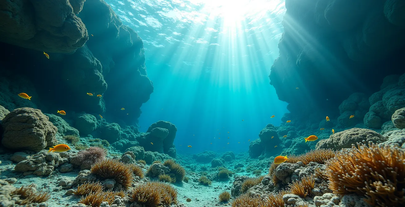 Vue sous-marine avec des fonds rocheux méditerranéens, algues colorées et jeux de lumière aquatique