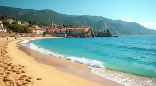 Vue panoramique du Lavandou avec ses plages de sable fin, ses eaux turquoise, ses pins maritimes et son village authentique en arrière-plan