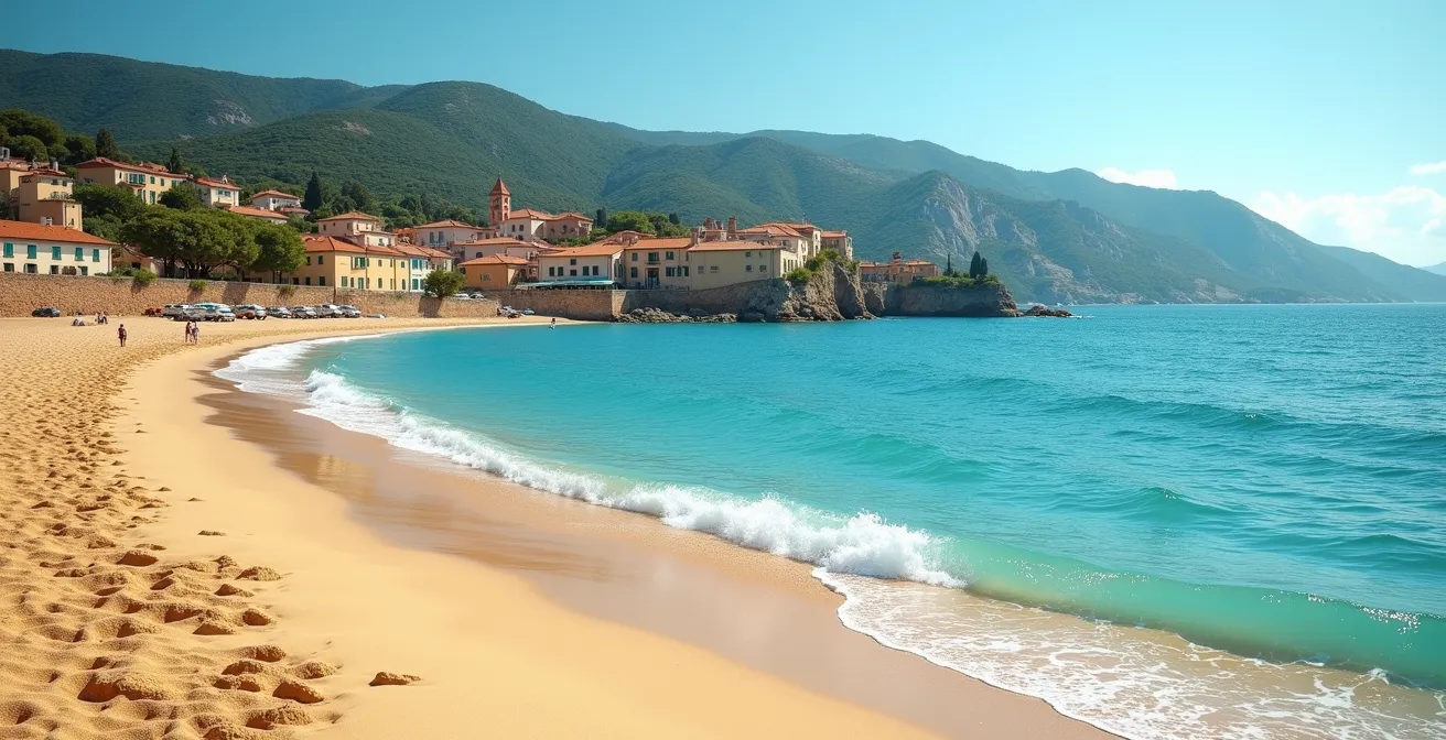 Vue panoramique du Lavandou avec ses plages de sable fin, ses eaux turquoise, ses pins maritimes et son village authentique en arrière-plan
