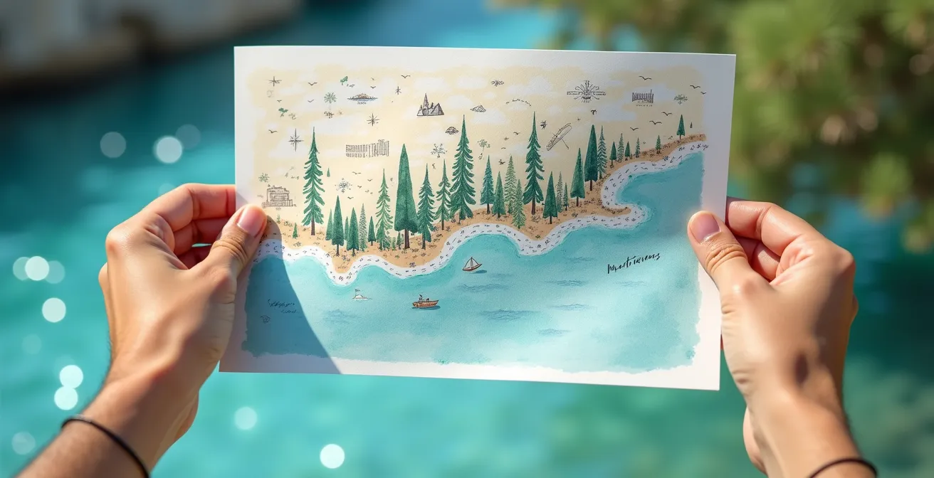 Mains tenant une carte artisanale du Lavandou avec des pins maritimes et des eaux cristallines en arrière-plan flou