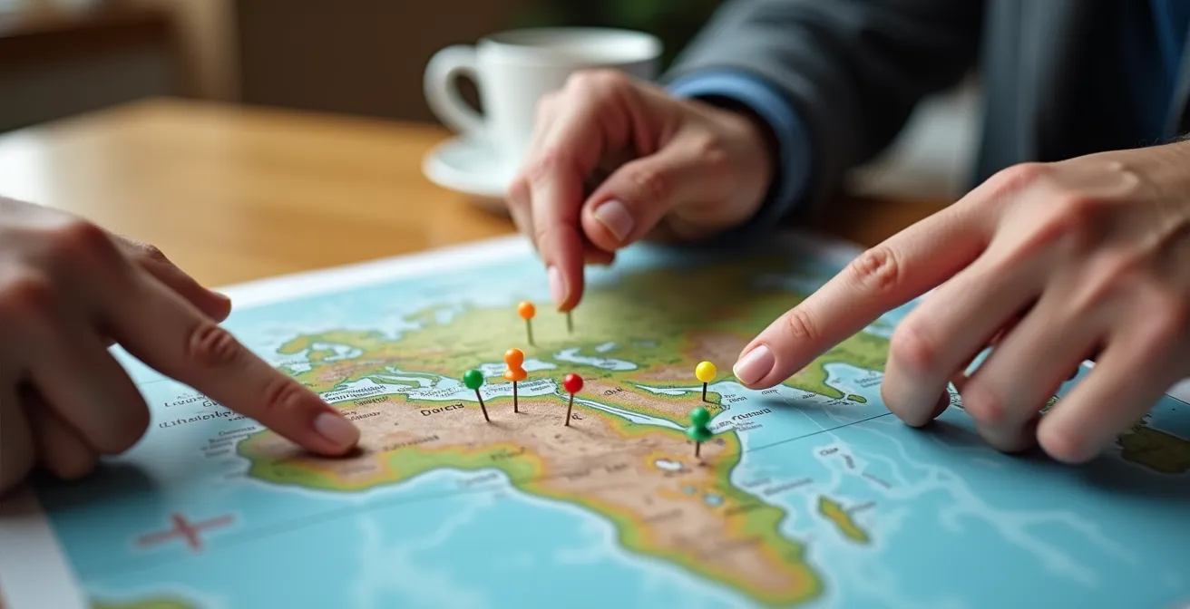 Mains analysant une carte topographique des zones frontalières avec épingles colorées