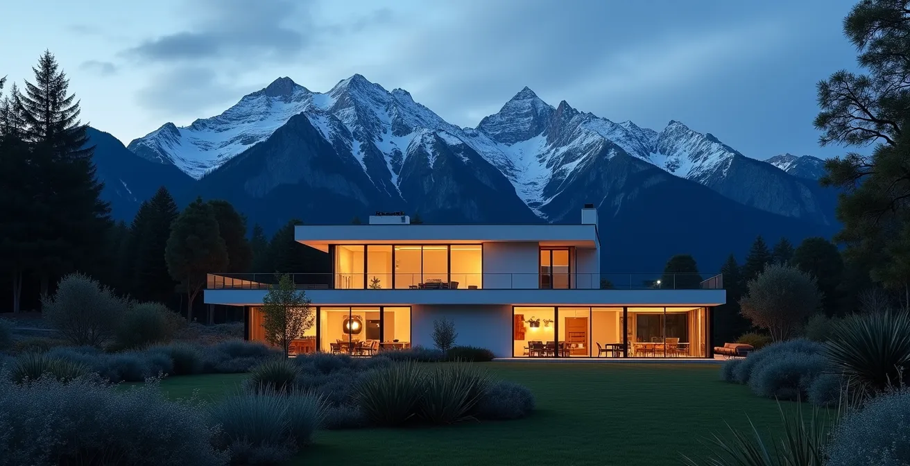 Maison contemporaine avec jardin et vue sur les montagnes alpines au crépuscule