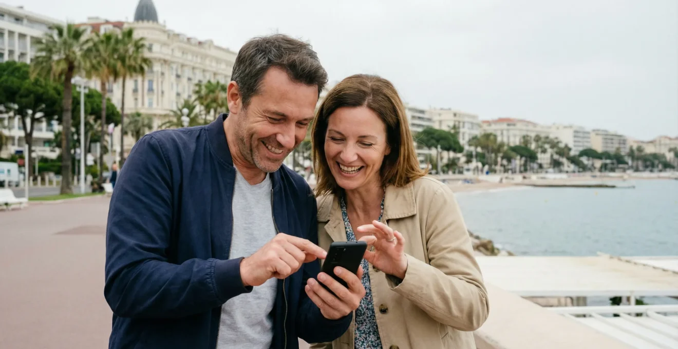 Deux personnes planifiant un itinéraire sur smartphone sur la promenade de Cannes