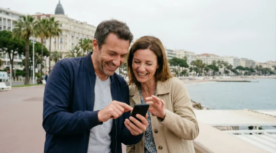 Deux personnes planifiant un itinéraire sur smartphone sur la promenade de Cannes