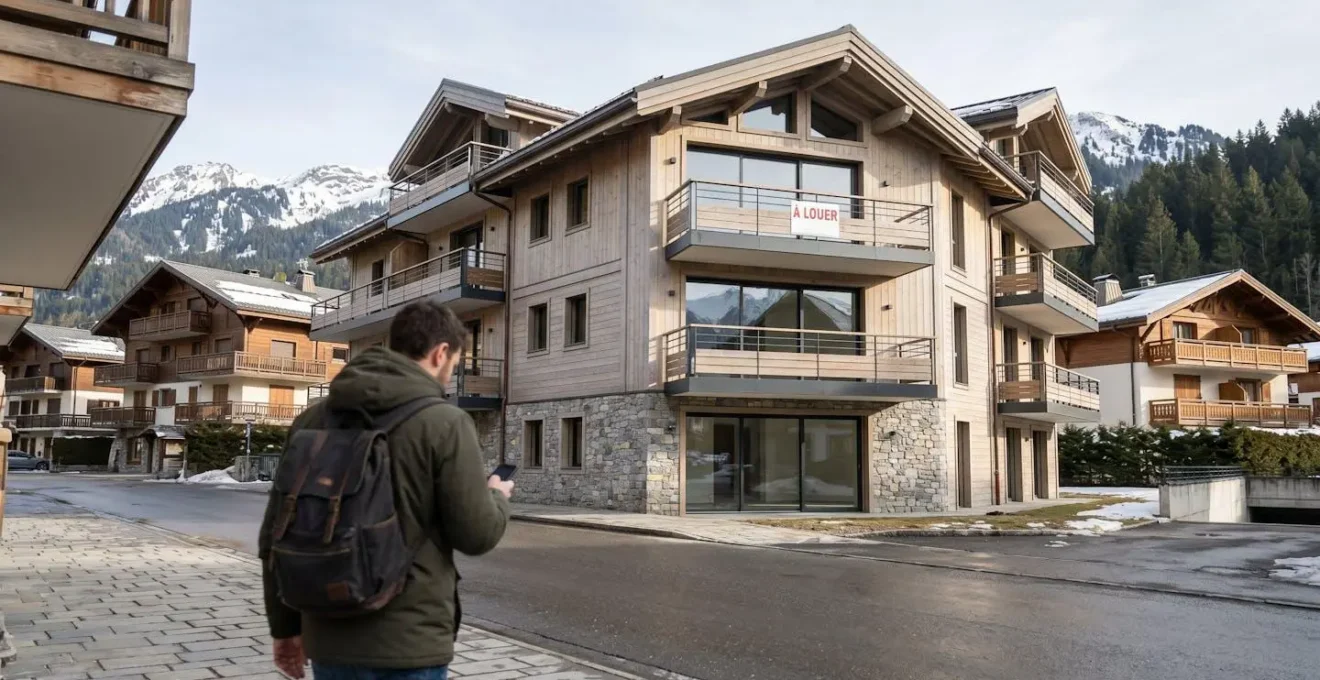 Personne consultant son smartphone devant une façade d'immeuble résidentiel alpin avec panneau À LOUER visible, montagnes enneigées en arrière-plan, Haute-Savoie