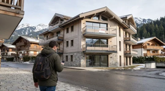 Personne consultant son smartphone devant une façade d'immeuble résidentiel alpin avec panneau À LOUER visible, montagnes enneigées en arrière-plan, Haute-Savoie