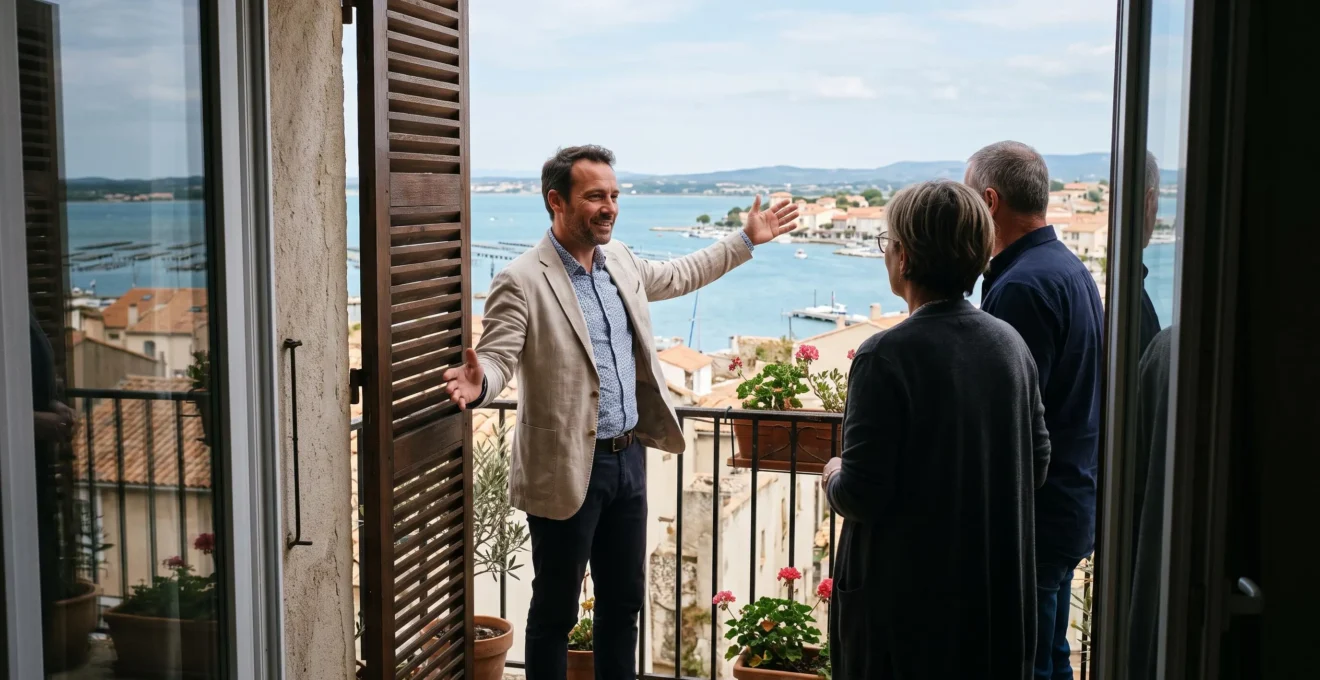 Un agent immobilier montre à un couple la vue sur l'étang depuis le balcon d'un appartement à Balaruc-les-Bains.