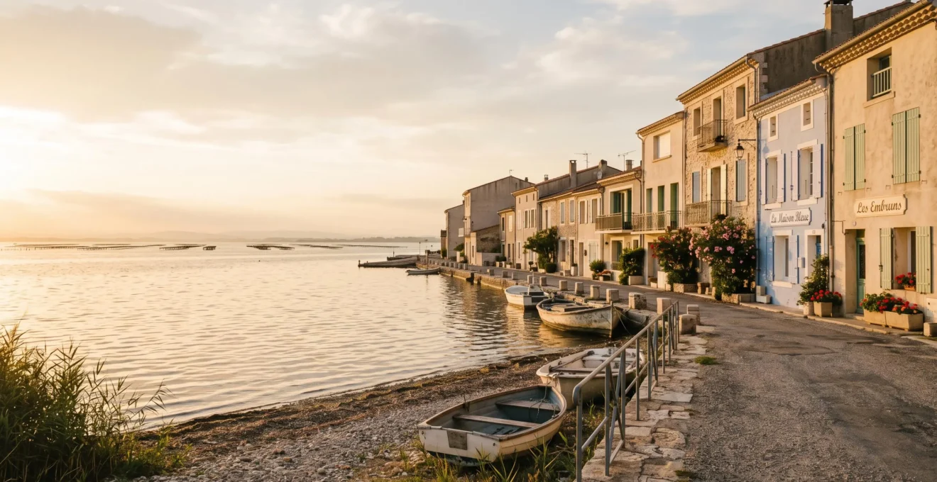 Vue du rivage résidentiel de l'étang de Thau à Balaruc-les-Bains avec maisons méditerranéennes en bord de lagune à la lumière dorée du soir.